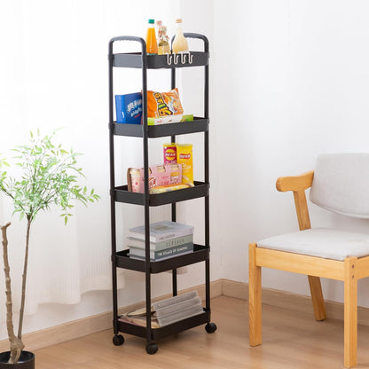 5 Tier Rolling Cart with Wheels and Handle Rolling Storage Cart for Office, Living Room, Laundry Room, Kitchen, Bathroom (Black)