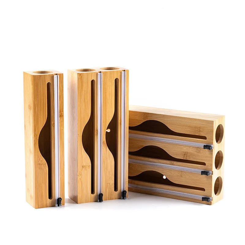 Kitchen 3 In 1 Bamboo Arc Wrap Dispenser Storage For Aluminum Foil With Cutter Cling Film Holder Kitchen Accessories Organizer