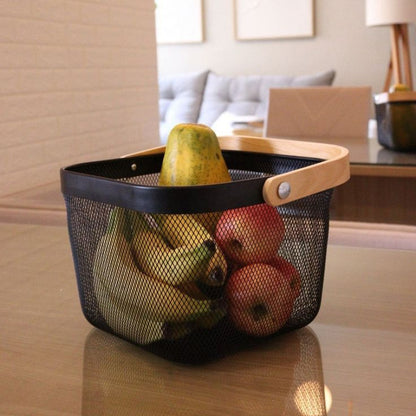 Modern Metal Mesh Fruit Basket with Wooden Handle – Stylish Kitchen Counter Storage for Fruits and Vegetables | Adornia.pk