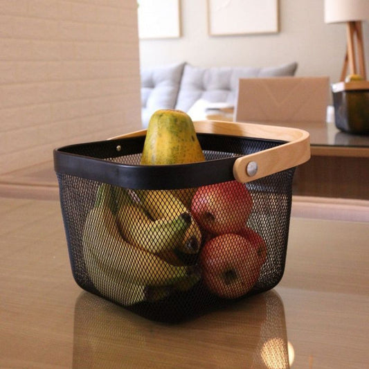 Modern Metal Mesh Fruit Basket with Wooden Handle – Stylish Kitchen Counter Storage for Fruits and Vegetables | Adornia.pk