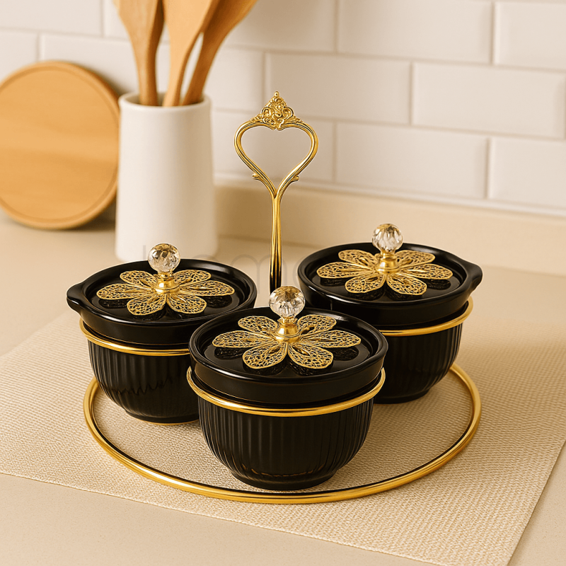 Luxury Black & Gold 3-Piece Flower Condiment Set with Handle | Elegant Tabletop Spice & Sauce Organizer