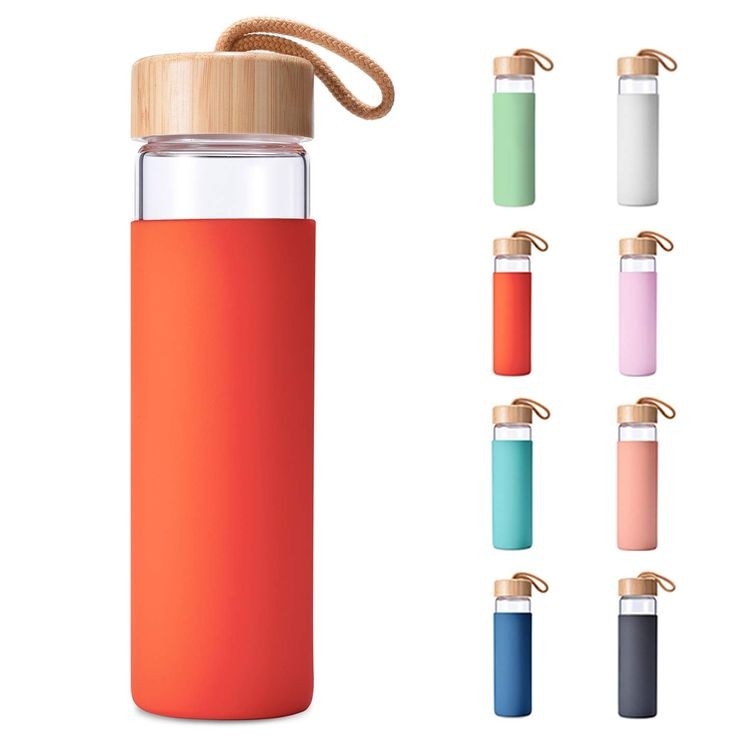 Glass Water Bottle with Wood Lid and Silicone Sleeve