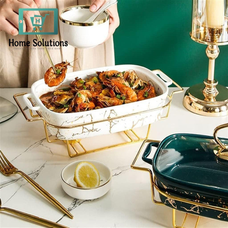 Ceramic Chafing Dish Buffet Set – White Rectangular Warmer with Marble Finish