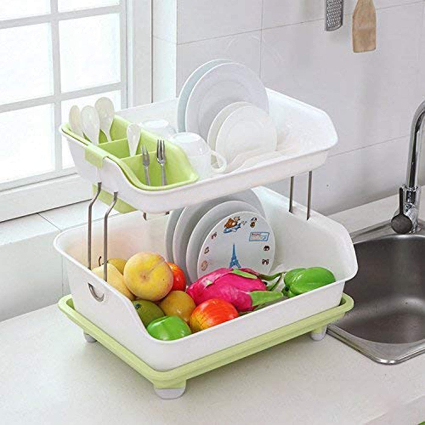 2 Tier Dish Drying Rack, Utensil Holder for Kitchen Counter, Durable Plate Rack With Drainer, Large Plastic Basket with Tray, Multipurpose Kitchen Drainage Storage Rack, Kitchen Utensils Organizer, Portable Kitchen Storage Rack