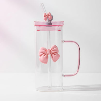 Cute Bow Glass Tumbler with Straw - 380ml
