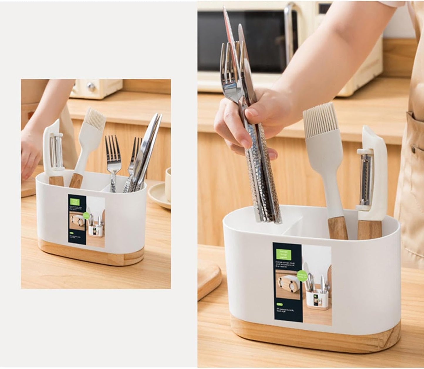 Kitchen Cutlery Drainer with Wooden Base