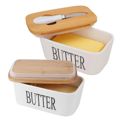 Ceramic Butter Dish with Wooden Lid & Knife Holder