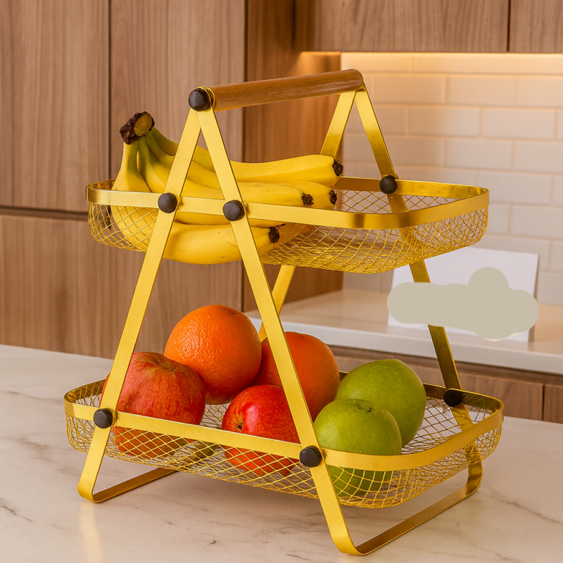 Golden 2 Tier Fruit Basket Stand – Elegant Gold Organizer