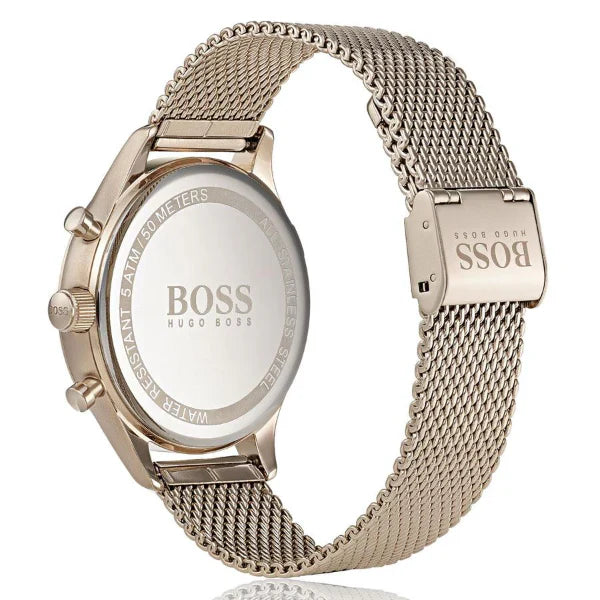 HUGO BOSS Companion Rose Gold Mesh Bracelet Black Dial Chronograph Quartz Watch for Gents - 1513548