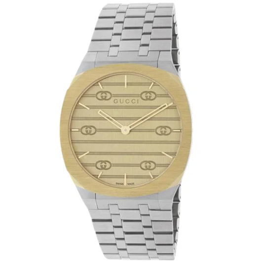 Gucci 25H Silver Stainless Steel Gold Dial Quartz Unisex Watch - YA163403