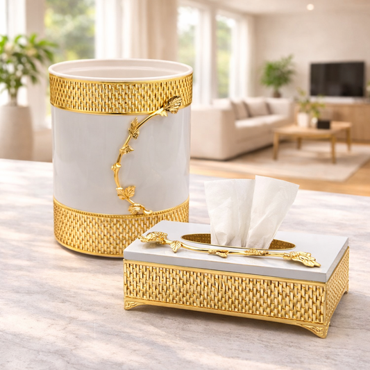 Luxury White & Gold Decorative Tissue Box & Dustbin Set