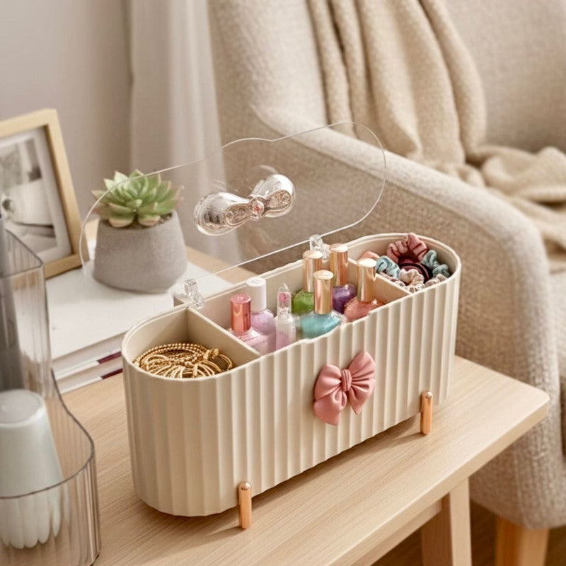 Adorable Bow 3-Compartment Makeup Organizer | Cosmetic Storage Tray for Desk & Vanity
