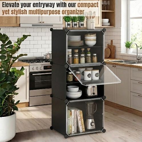 6-Tier Modular Multipurpose Organizer Cabinet with Transparent Doors – Versatile Plastic Cube Storage Rack for Kitchen Pantry, Entryway, and Books