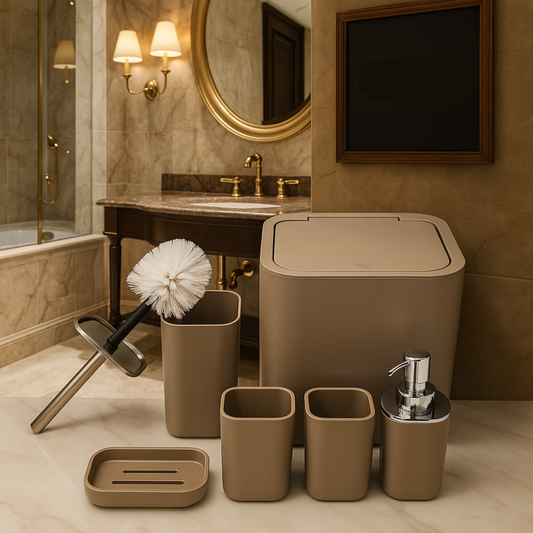 Luxury Beige 6-Piece Bathroom Accessories Set | Modern Bathroom Organizer & Decor