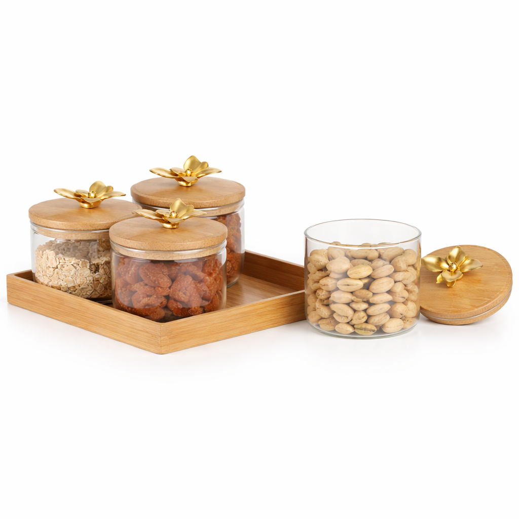 5Pcs Glass Storage Jar Set with Floral Gold-Tone Bamboo Lids & Wooden Tray – Premium Dry Fruit & Snack Organizer