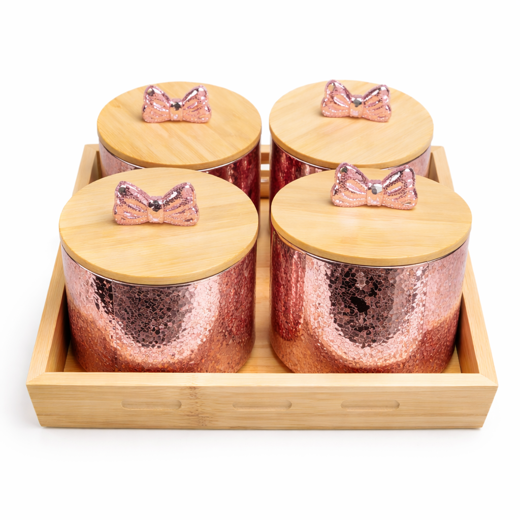 5Pcs Rose Gold Glass Storage Jar Set with Bow Knobs & Bamboo Tray