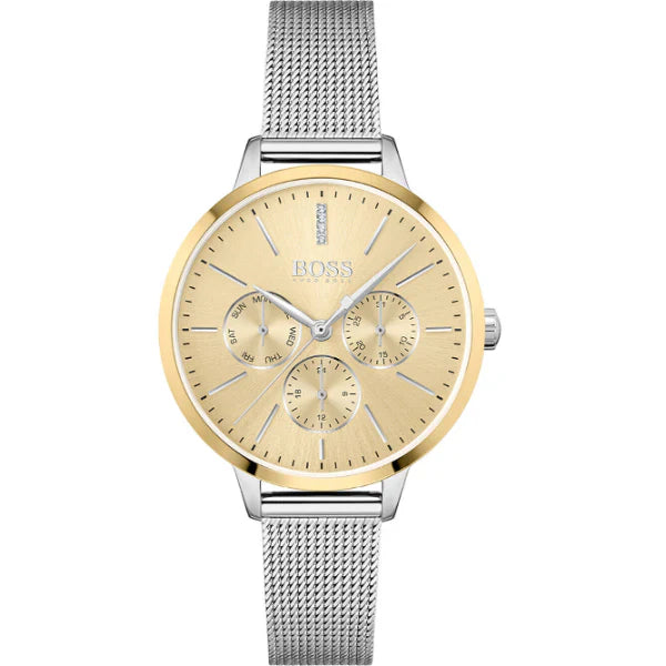 HUGO BOSS Symphony Silver Mesh Bracelet Gold Dial Quartz Watch for Ladies - 1502600