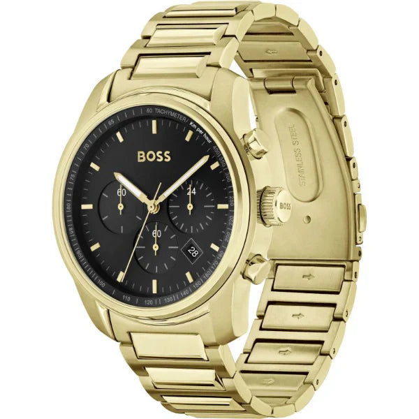 HUGO BOSS Trace Gold Stainless Steel Black Dial Chronograph Quartz Watch for Gents - 1514006