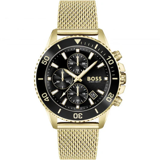 HUGO BOSS Admiral Gold Mesh Bracelet Black Dial Chronograph Quartz Watch for Gents - 1513906