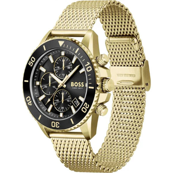 HUGO BOSS Admiral Gold Mesh Bracelet Black Dial Chronograph Quartz Watch for Gents - 1513906