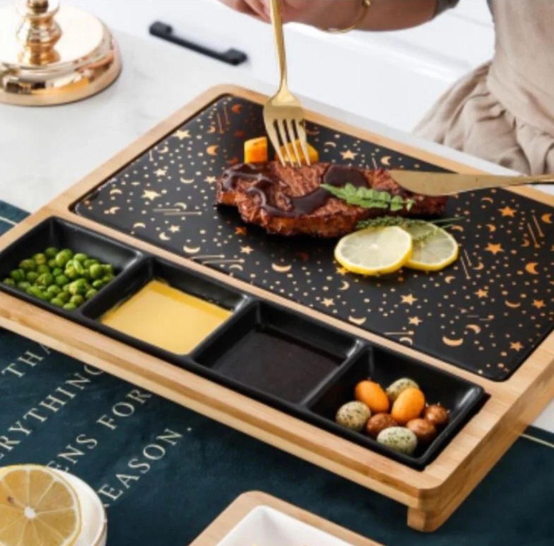 Compartmentalized Black & Gold Serving Tray