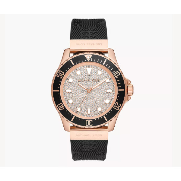 Michael Kors Everest Black Silicone Strap Pave, Rose Gold Dial Quartz Watch for Ladies - MK-7358