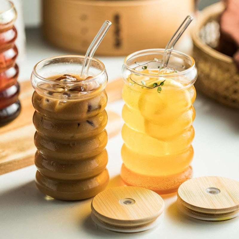 BubbleWave Glass Tumbler with Wooden Lid & Reusable Straw – Eco-Friendly Drinkware | Adornia.pk