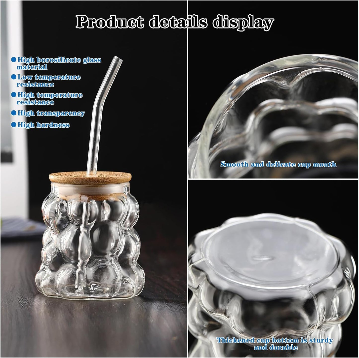 Bubble Glass Cup with Bamboo Lid & Straw