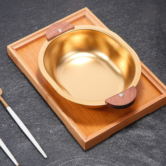 Golden Luxe Gravy Bowl – Wooden Handle Elegance