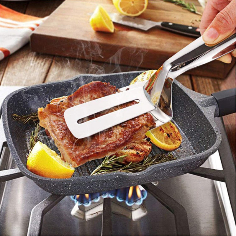 Multi-Functional Stainless Steel 2-in-1 Spatula Tongs – Kitchen Tool | Adornia.pk