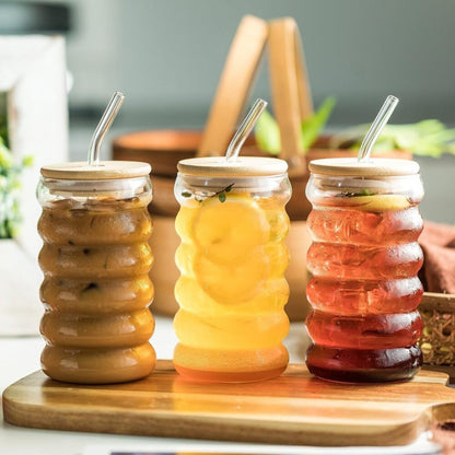 BubbleWave Glass Tumbler with Wooden Lid & Reusable Straw – Eco-Friendly Drinkware | Adornia.pk