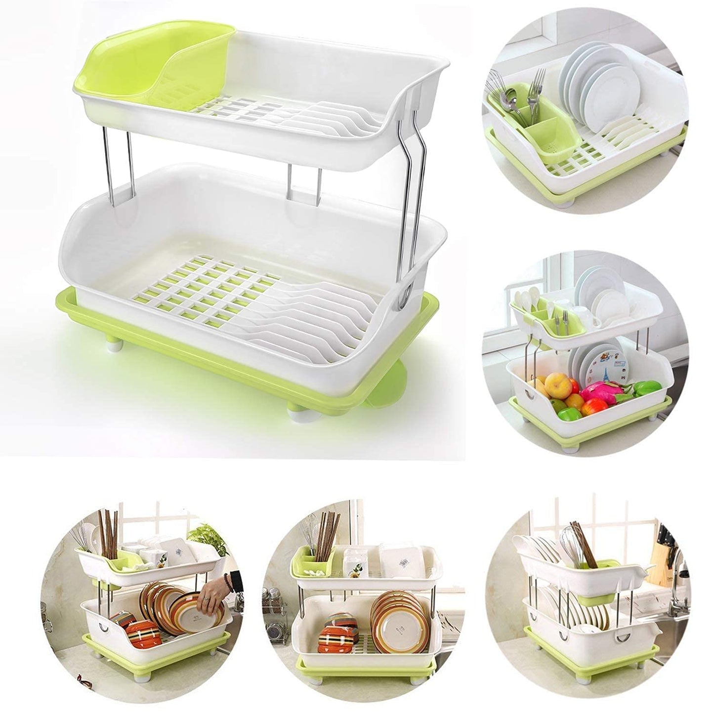 2 Tier Dish Drying Rack, Utensil Holder for Kitchen Counter, Durable Plate Rack With Drainer, Large Plastic Basket with Tray, Multipurpose Kitchen Drainage Storage Rack, Kitchen Utensils Organizer, Portable Kitchen Storage Rack