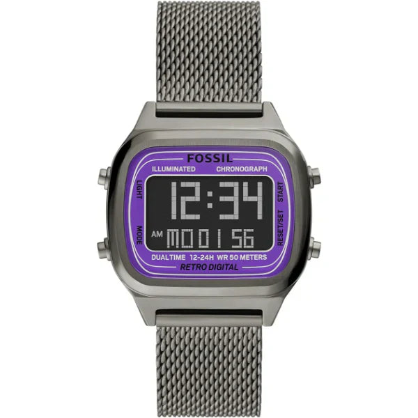 Fossil Retro Digital Grey Mesh Bracelet Positive Display Dial Digital Watch for Gents - FS5888