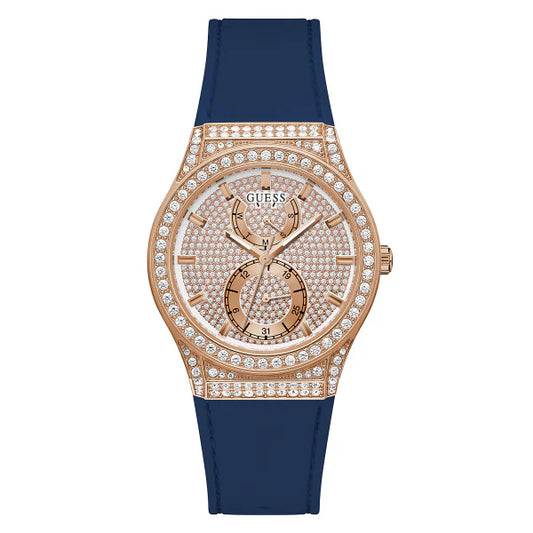 Guess Blue Silicone Strap Rose Gold Dial Quartz Watch for Ladies - GW0439L4