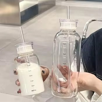 Transparent Glass Water Bottle With Straw