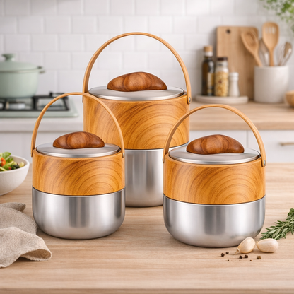 Wooden Finish Hot Pot Set – 3 Pcs Insulated Casserole Set