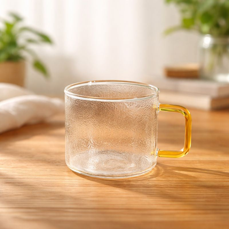 Pack of 6 Textured Glass Mug  with Colorful Handle – Elegant Tea & Coffee Cup
