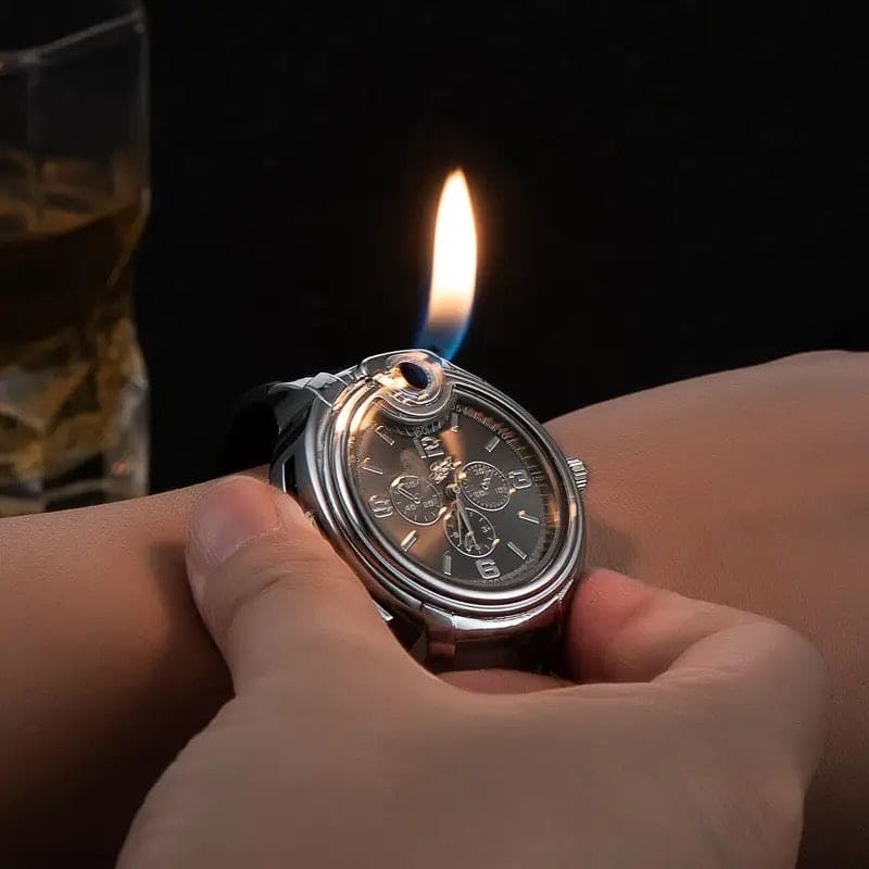 Wrist Watch Inflatable Lighter, 2 In 1 Cigarette Lighter, Cyclic Inflatable Flame Adjustable Lighter, Multifunctional Metal Open Frame Watch Lighter, Men's Sports Watch Gas Lighter