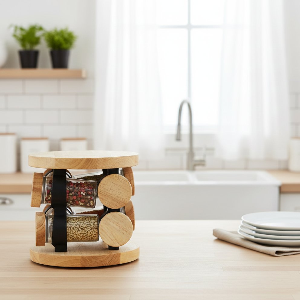Wooden 360° Rotating Glass Spice Jars Set by Limon