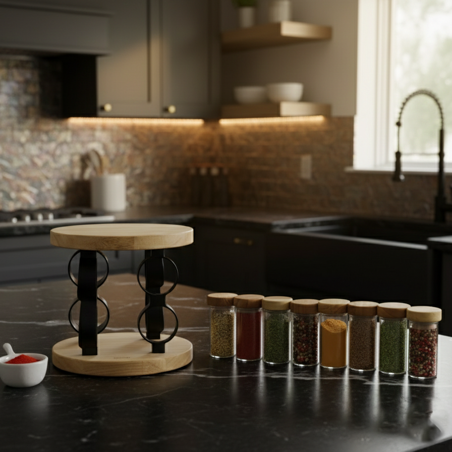 Wooden 360° Rotating Glass Spice Jars Set by Limon