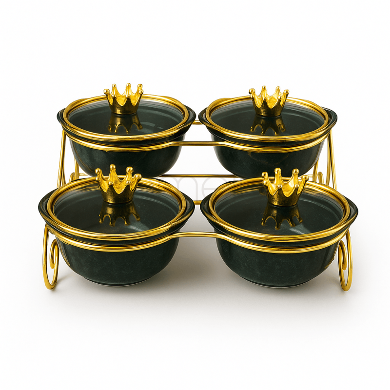 Luxury Black & Gold 4-Piece Crown Condiment Set with Stand | Elegant Tabletop Spice & Sauce Organizer
