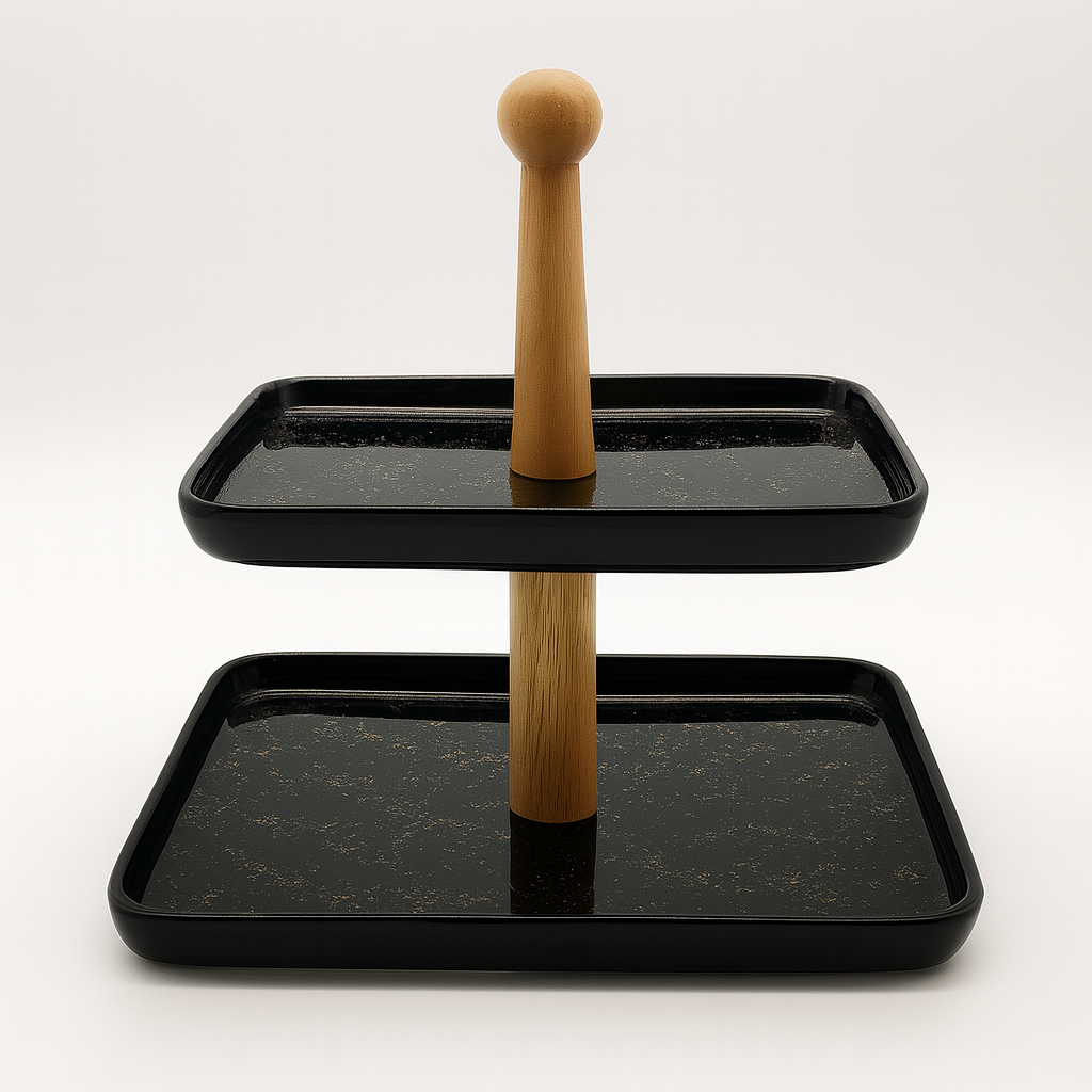 Two-Tier Black Serving Tray with Wooden Stand