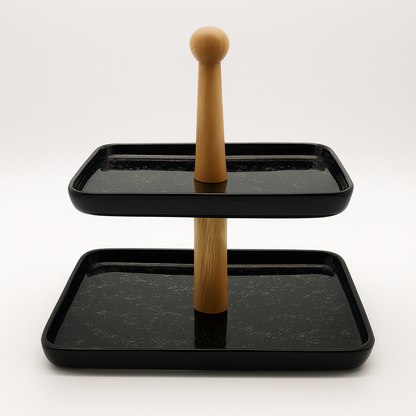 Two-Tier Black Serving Tray with Wooden Stand
