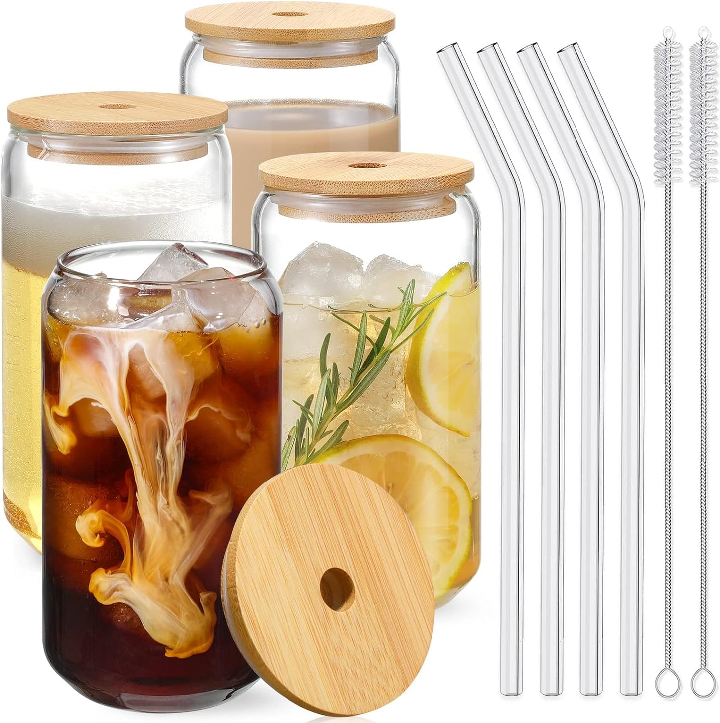 Set of 4 PCS Drinking Glasses with Bamboo Lids and Glass Straw