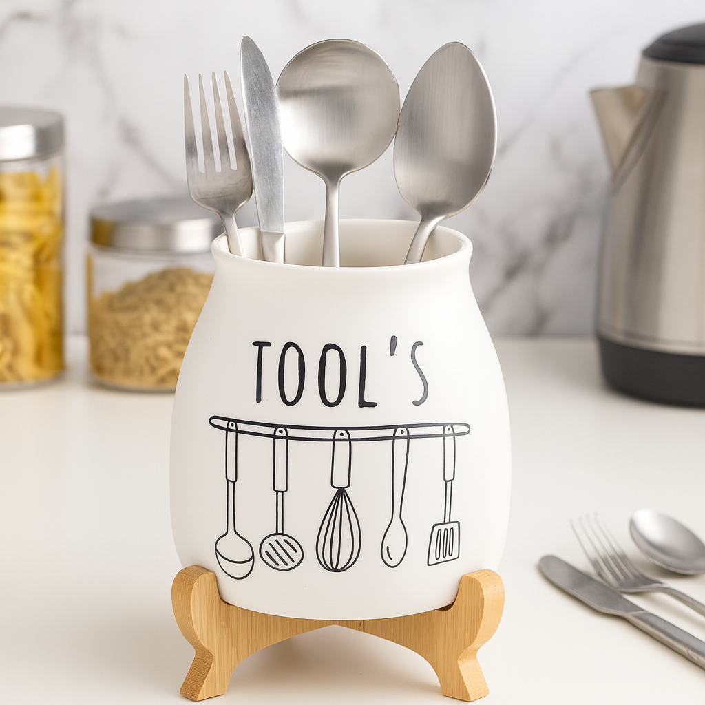 Porcelain Cutlery Holder With Bamboo Stand