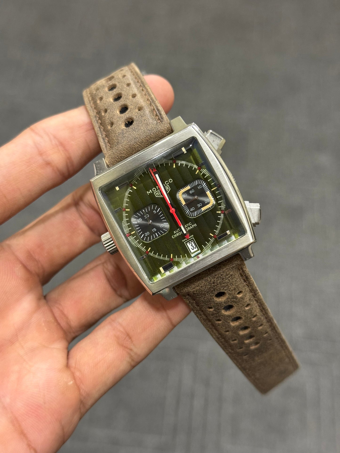 CHRONOGRAPH FINAL EDITION SILVER CASE Green DIAL Brown LEATHER STRAP