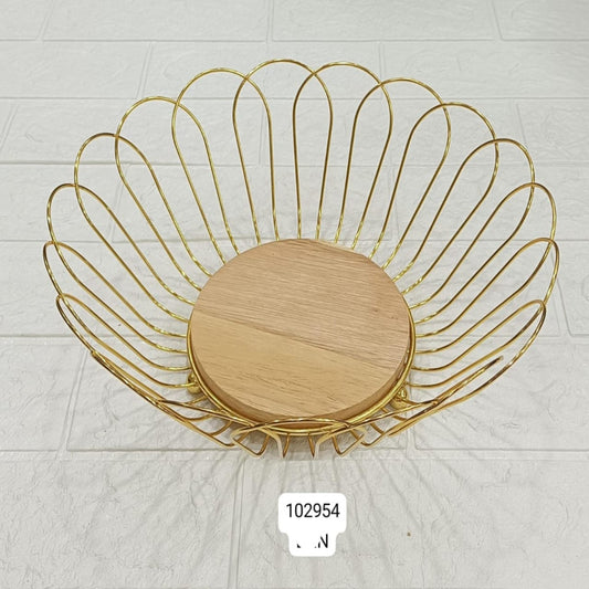Luxury Golden Wire Fruit Basket with Wooden Base – Decorative Storage Bowl