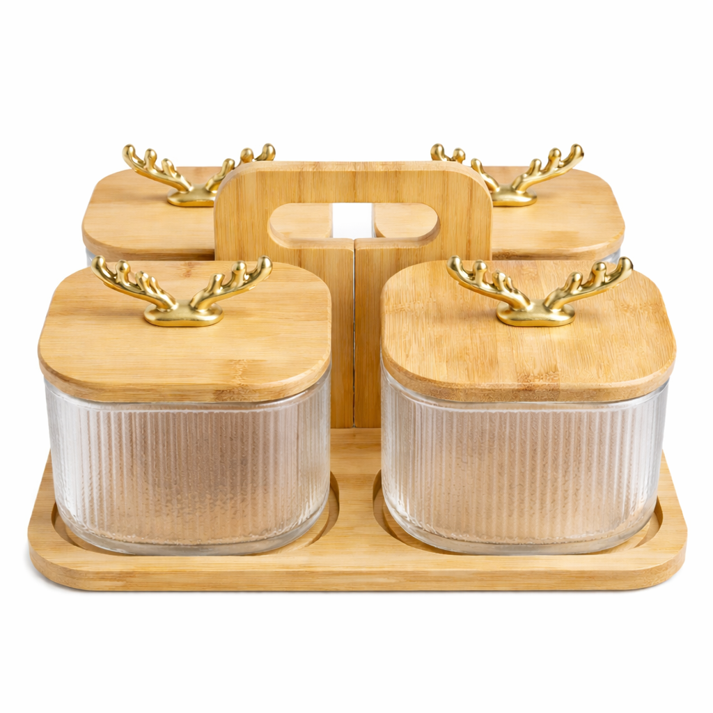 5Pcs Glass Storage Jar Set with Deer Antler Knobs & Bamboo Carry Tray