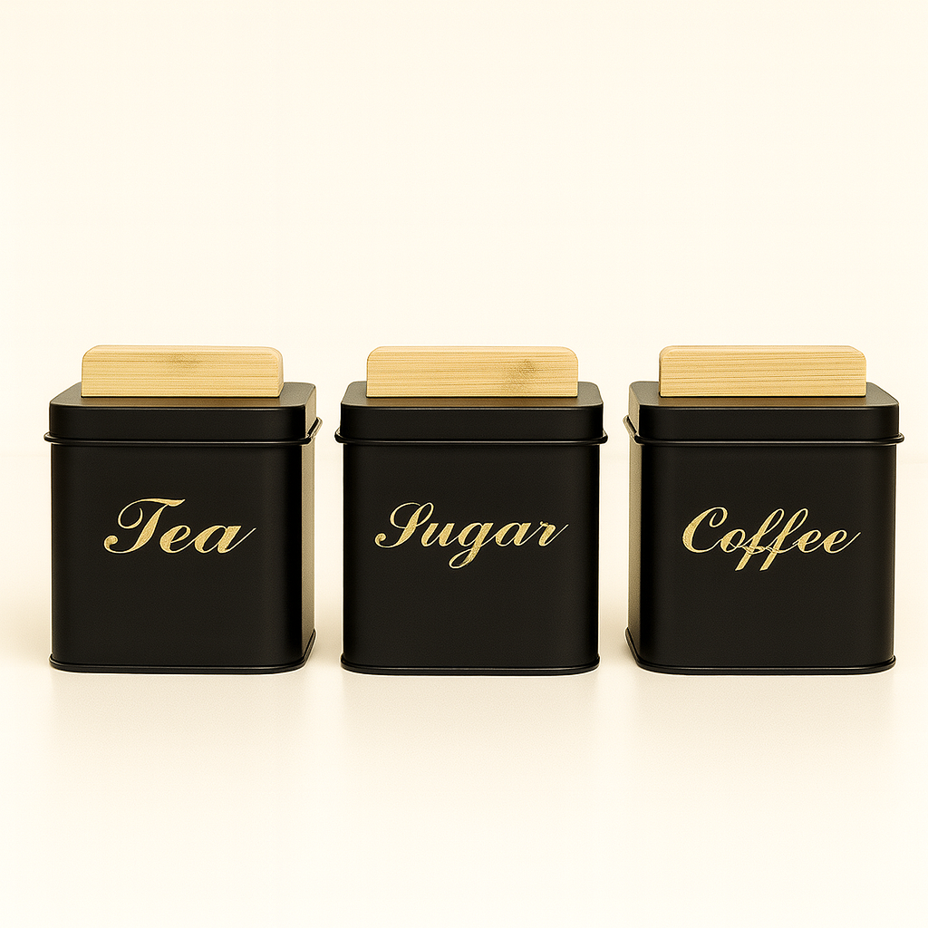 3-Piece Square Metal Sugar Canister Set with Bamboo Lids - Black