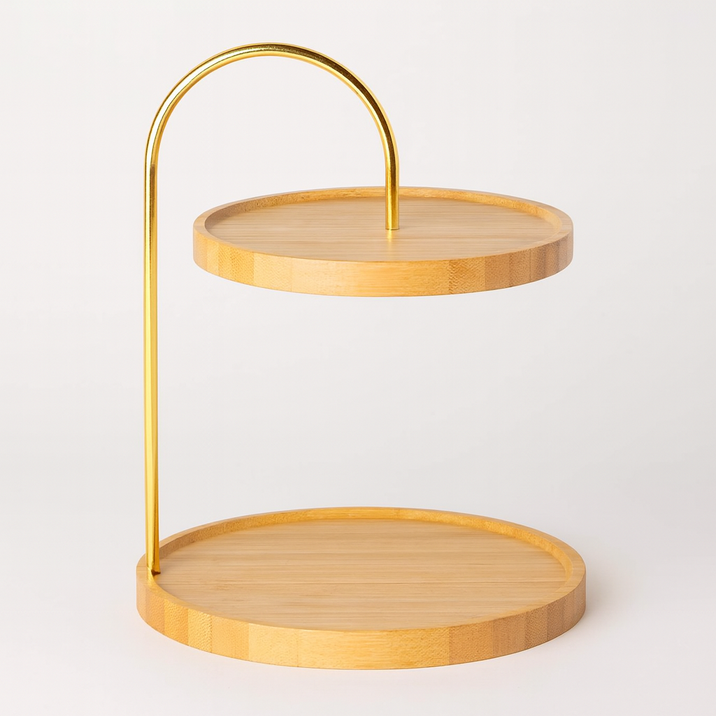 2-Tier Bamboo Serving Stand with Gold Metal Handle